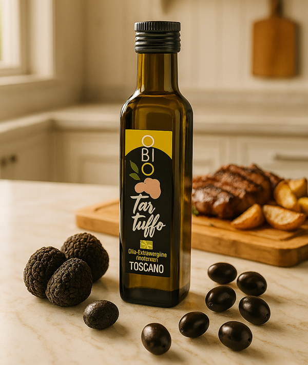 fles 250ml Bio olijfolie gearomatiseerd met zomer zwarte truffel